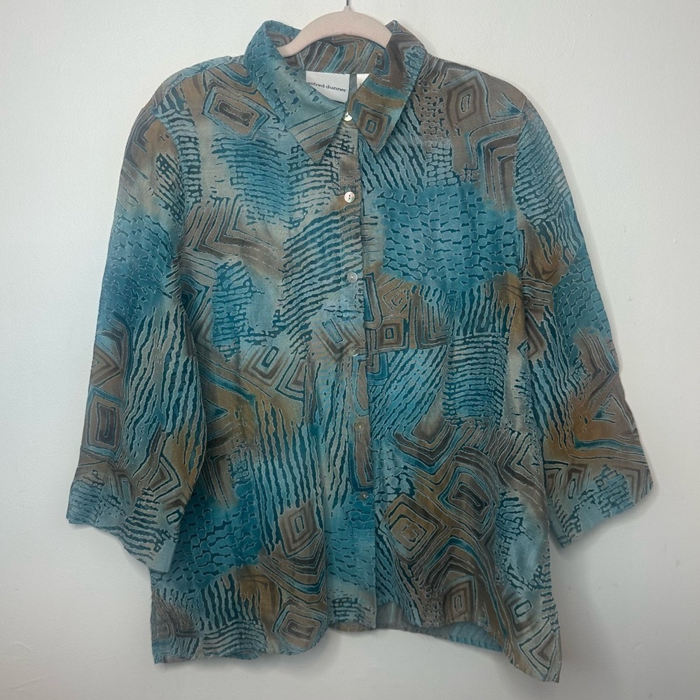 Alfred Dunner Women’s Size 16 SHEER Aqua Blue Brown 3/4 Sleeve Blouse Button Up